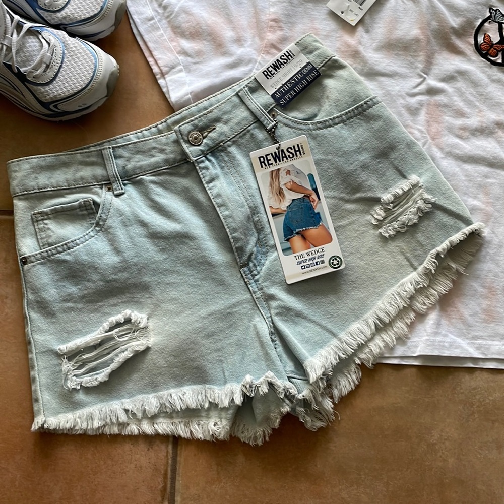 New REWASH Wedge Light Wash Super High Rise Distressed Cut Off Jean Short Siz 29